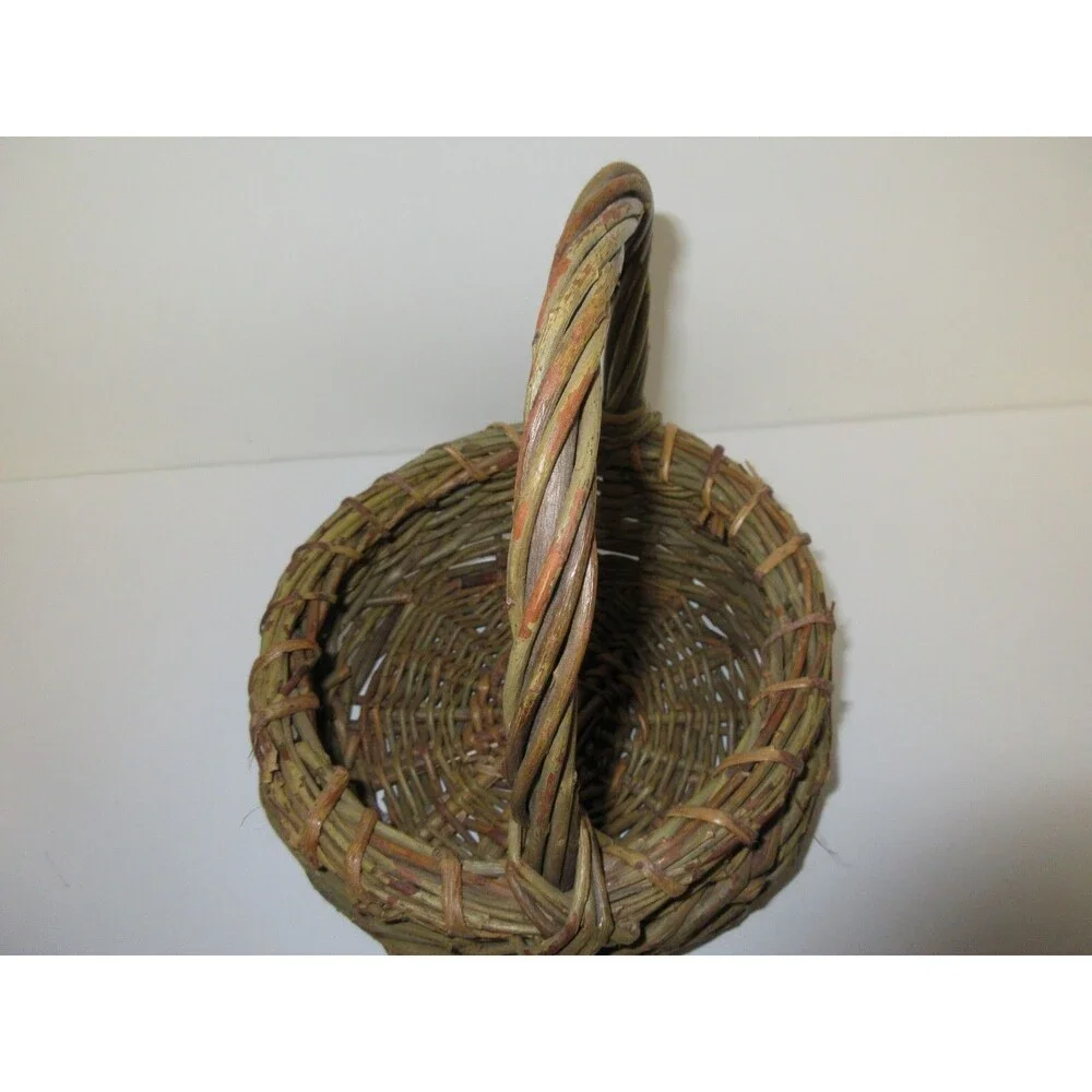 Vintage Wicker Wooden Stick Handled Basket Brown 8
